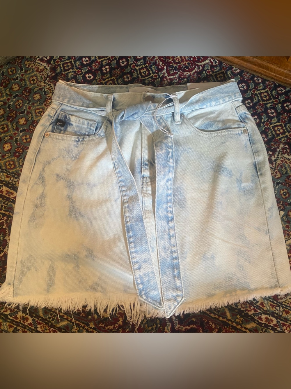 KanCan Cloud Wash Frayed Hem Tie-Waist Denim Mini Skirt